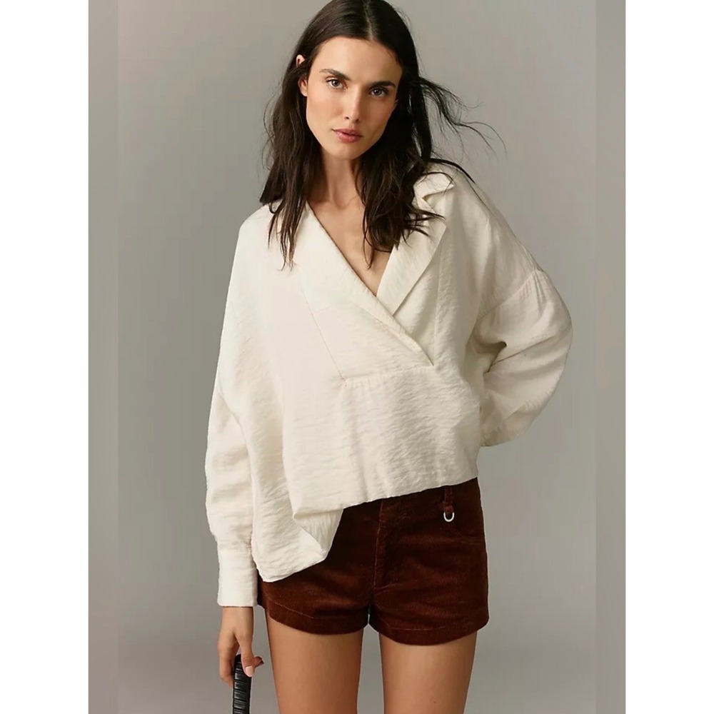 Anthropologie Dylon Wide Placket Blouse Cream Boxy Long Sleeve Top S